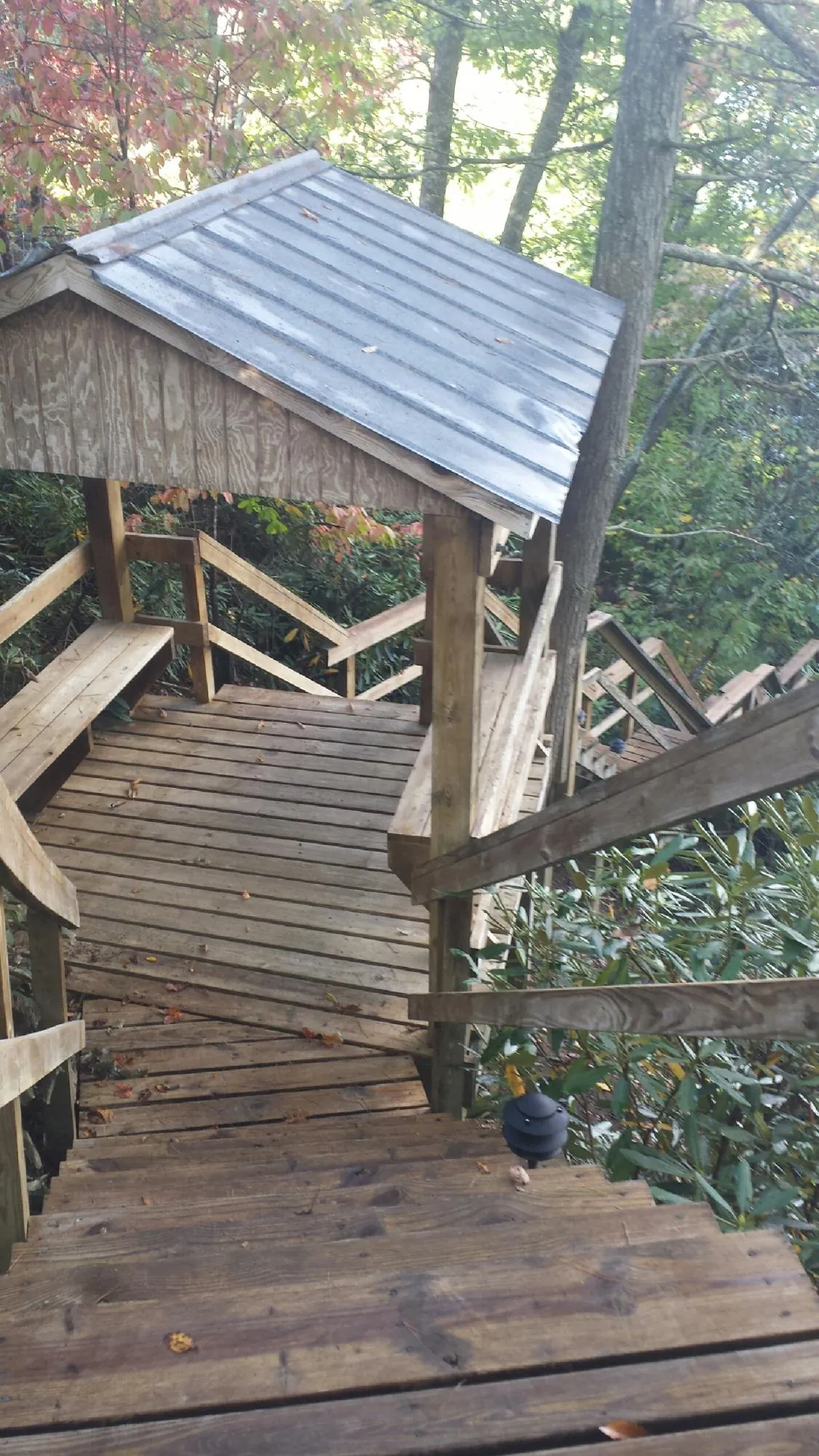 Metal roofed shelter over wooden steps on a wooded walkway — Skylight Repair & Installation work by our crew in Lewiston Woodville